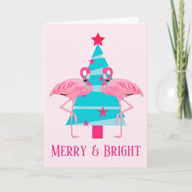 Merry and Bright Pink Flamingo Beach Christmas Holiday Card (Front)