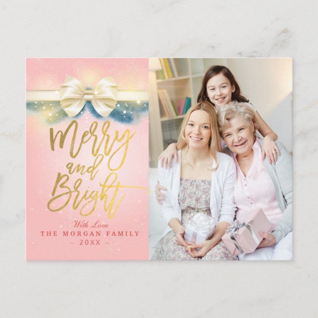 Merry and Bright Pink Gold Ribbon Greeting Photo Holiday Postcard (Front)