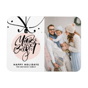 Merry and Bright Pink Ornament Christmas Photo Magnet