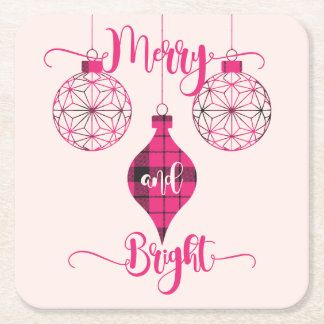 Merry and Bright Pink Plaid Ornament Square Paper Coaster