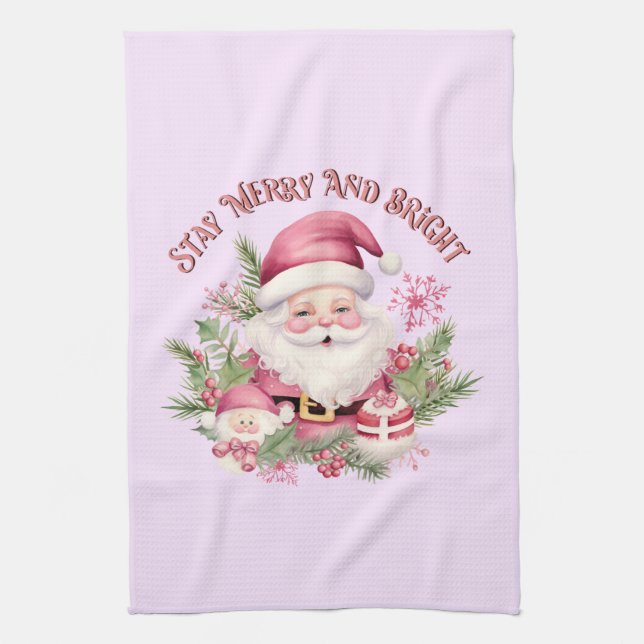 Merry and Bright - Pink Santa Tea Towel (Vertical)