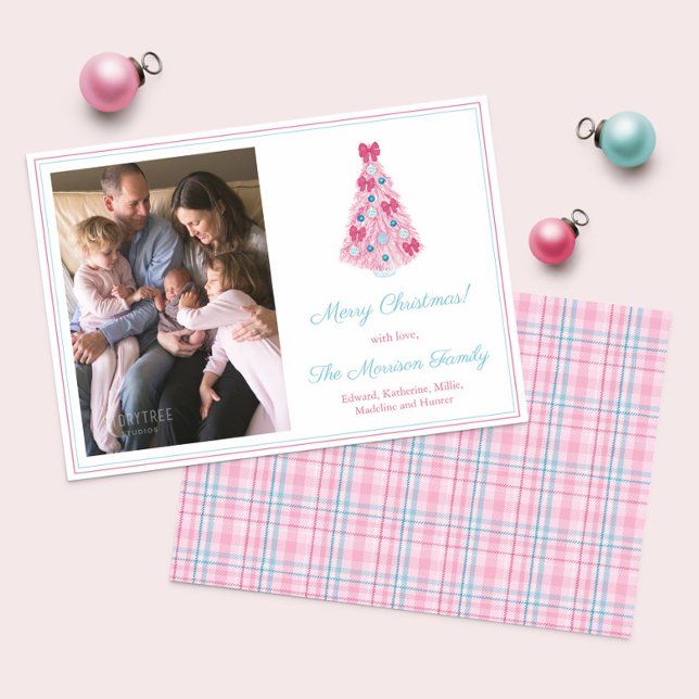 Merry And Bright Pink Teal Merry Christmas Photo Holiday Card (Pink And Teal Merry Christmas Holidays card featuring ornately decorated tree and tartan backer)