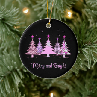 Merry and Bright Pink Xmas Tree Black Ornament