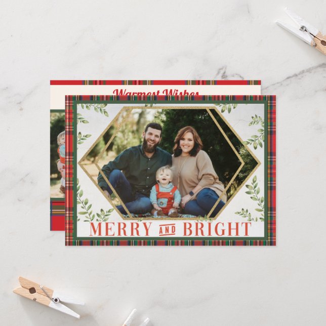 Merry And Bright Plaid Geometric Christmas Card (Front/Back In Situ)