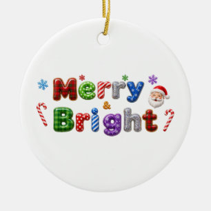 Merry and Bright Plaid Glitter Santa Christmas Ceramic Tree Decoration
