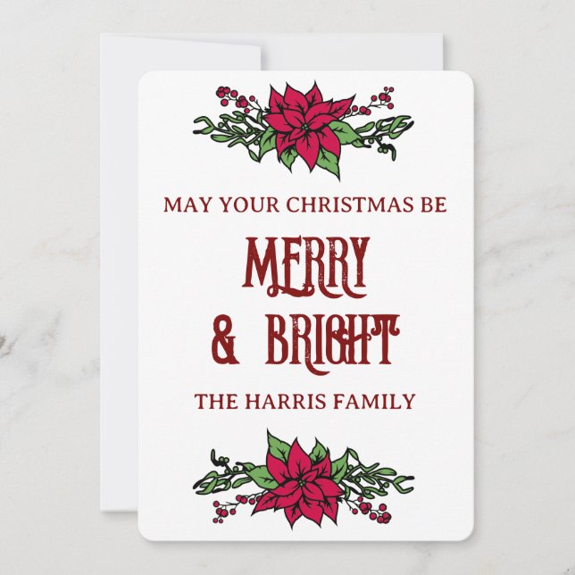 Merry and Bright Poinsettia Christmas Holiday Card (Front)