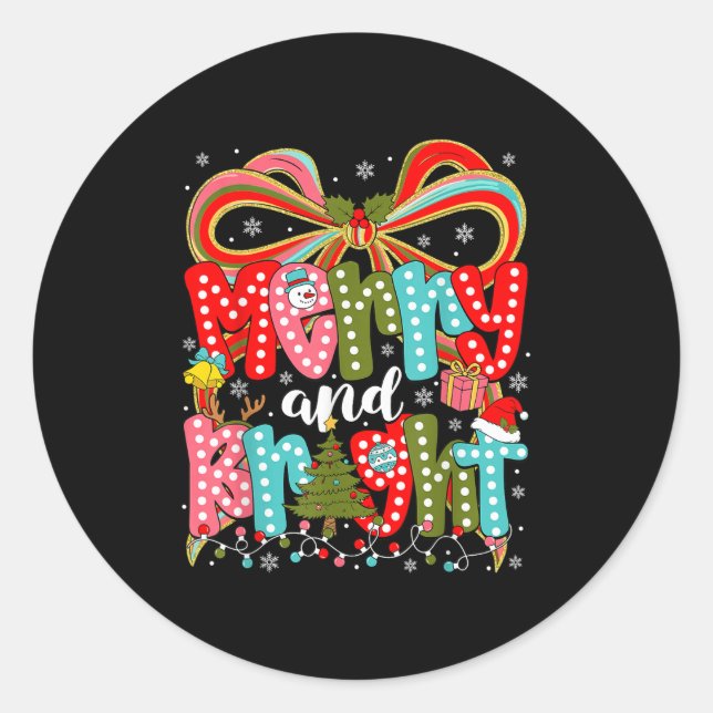 Merry And Bright Preppy Coquette Bow Christmas Wom Classic Round Sticker (Front)