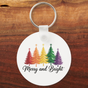 Merry And Bright Rainbow Christmas Tree Gay LGBTQ Key Ring