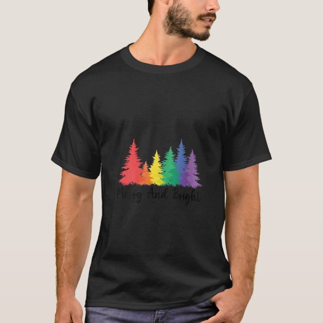 Merry And Bright Rainbow Christmas Tree Gay LGBTQ  T-Shirt (Front)