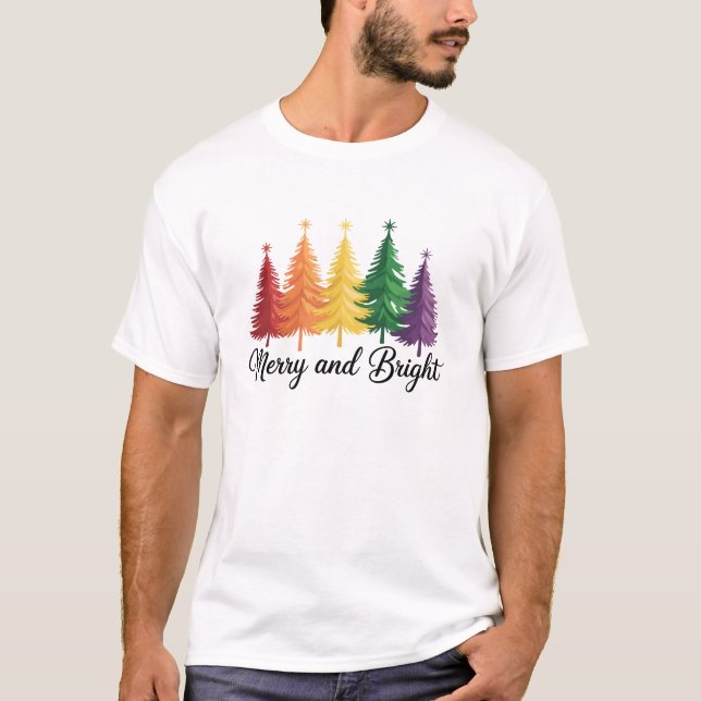 Merry And Bright Rainbow Christmas Tree Gay LGBTQ  T-Shirt (Front)