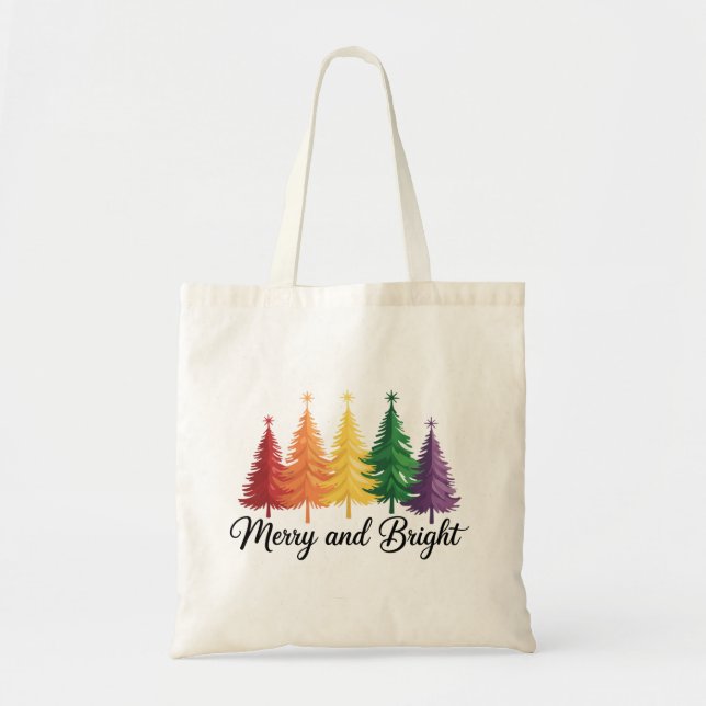 Merry And Bright Rainbow Christmas Tree Gay LGBTQ  Tote Bag (Front)