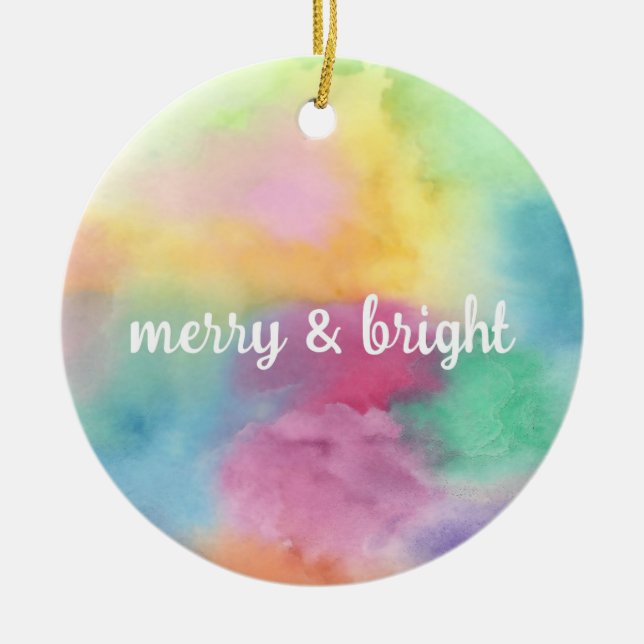 Merry and Bright Rainbow Watercolor Ornament (Front)