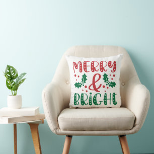 Merry and Bright Red and Green Holly Christmas  Cushion