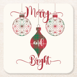Merry and Bright Red and Green Plaid Ornament Square Paper Coaster