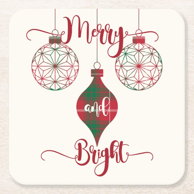 Merry and Bright Red and Green Plaid Ornament Square Paper Coaster (Front)
