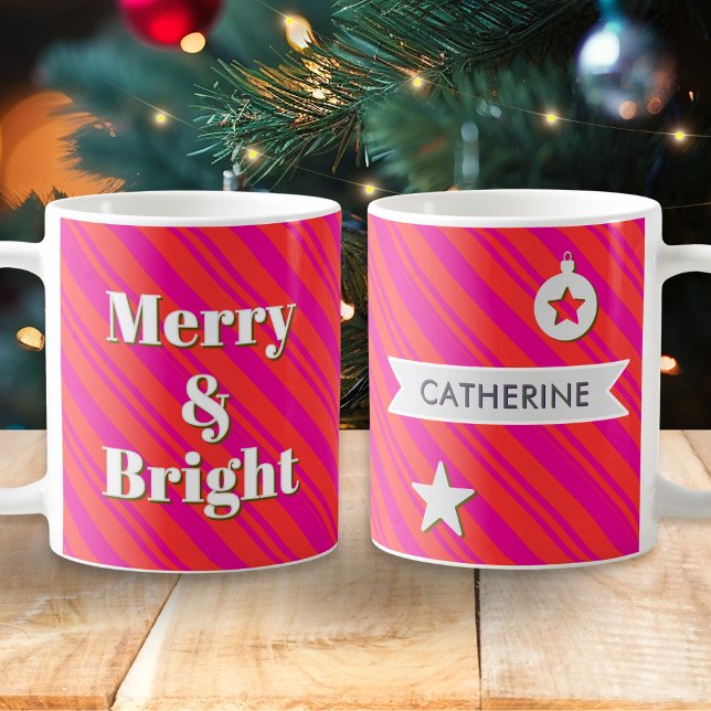 Merry and Bright Red and Pink Candy Stripe Custom Coffee Mug (A festive mug with red and pink candy striped pattern, 'Merry & Bright' caption and custom name)