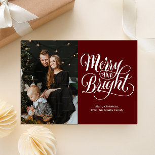 Merry and Bright Red Calligraphy Modern Photo Holiday Card