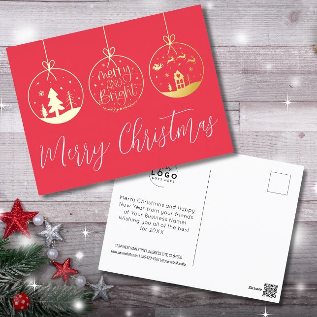 Merry And Bright Red Christmas Business Foil Holiday Postcard (Merry And Bright Red Christmas Business Foil Holiday Postcard)