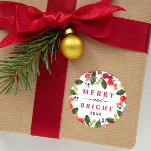Merry and Bright Red Christmas Greenery Wreath Classic Round Sticker