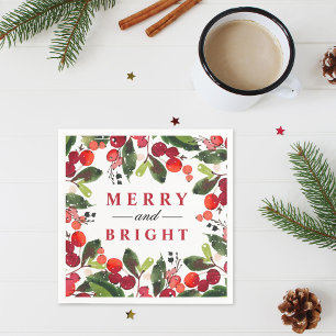Merry and Bright Red Christmas Greenery Wreath Napkin