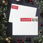 Merry and Bright Red Custom Photo Return Address Wrap Around Label<br><div class="desc">Custom Christmas holiday wrap-around return address labels feature "Merry & Bright" white script design with red and white diagonal candy cane stripes accent and space to personalise with a photo & return address. Cardinal red background colour can be customised to coordinate with your holiday mailing. Photography © Storytree Studios, Stanford,...</div>