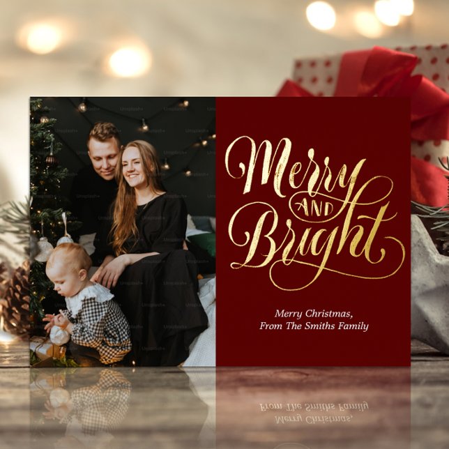 Merry and Bright Red Gold Calligraphy Photo Foil Holiday Card (Creator Uploaded)