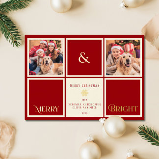 Merry And Bright Red Gold Foil 2 Photo Foil Holiday Card