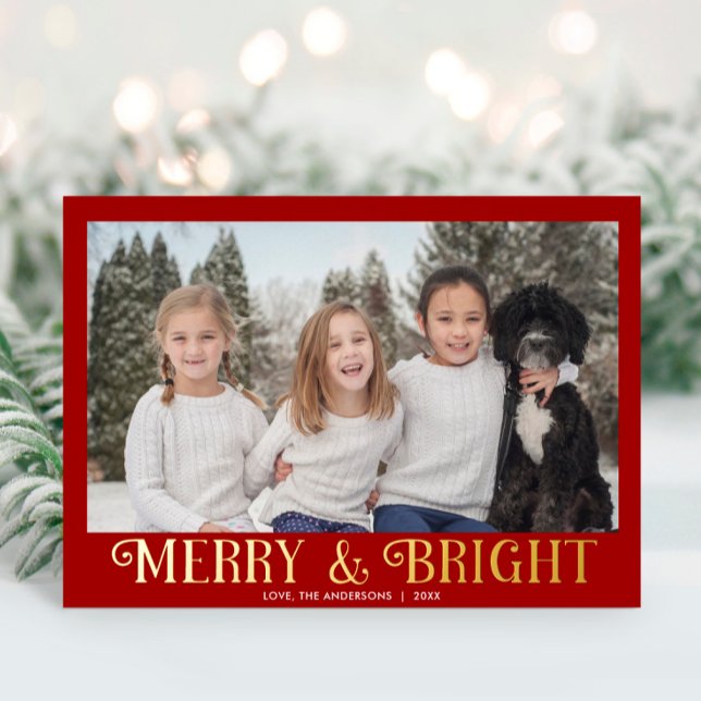 Merry and Bright Red Gold Modern one photo Foil Holiday Card (Creator Uploaded)