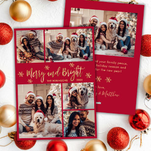 Merry and Bright Red Gold Photo Collage Christmas Holiday Card
