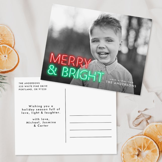 Merry and Bright Red & Green Neon Photo Holiday Postcard (Creator Uploaded)