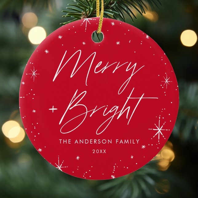 Merry and Bright Red Holiday Photo Ceramic Tree Decoration (Creator Uploaded)
