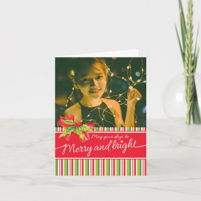 Merry and bright red holly photo Christmas card (Front)