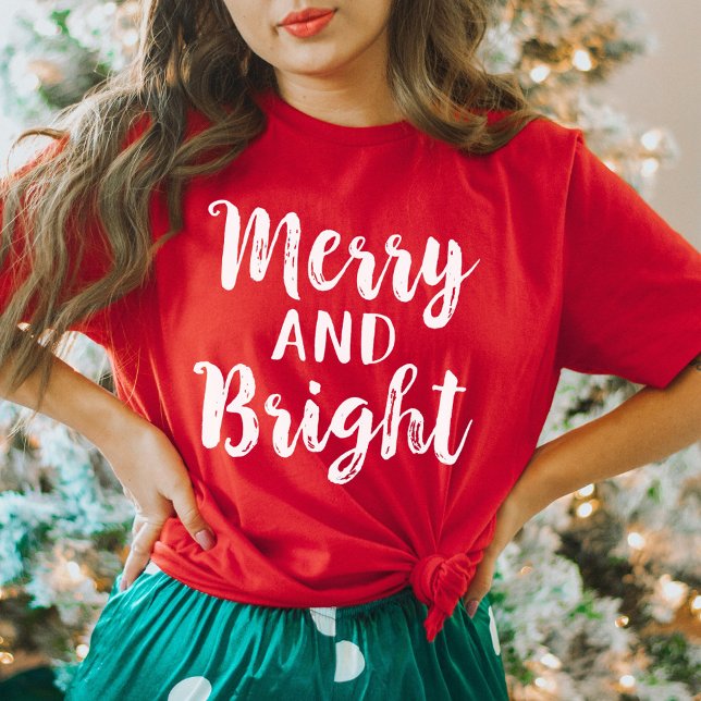 Merry and Bright Red Modern Script Women's Holiday T-Shirt (Creator Uploaded)