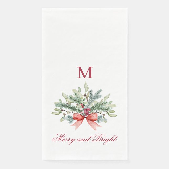 Merry and Bright Red Monogram Greenery Napkin (Front)