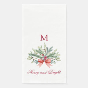 Merry and Bright Red Monogram Holiday Greenery Napkin