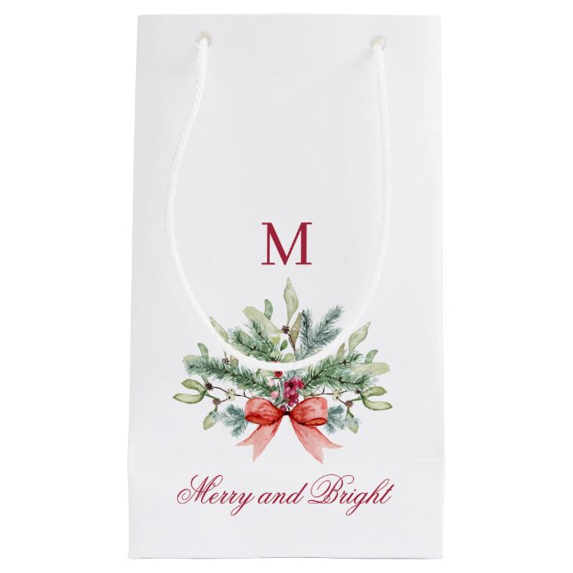 Merry and Bright Red Monogram Holiday Greenery Small Gift Bag (Front)