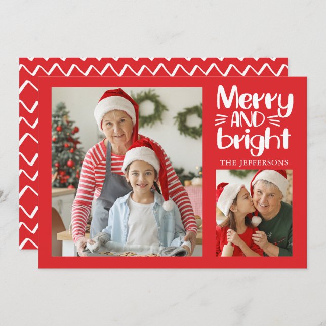 Merry and Bright Red n White Photo Christmas Card (Front/Back)