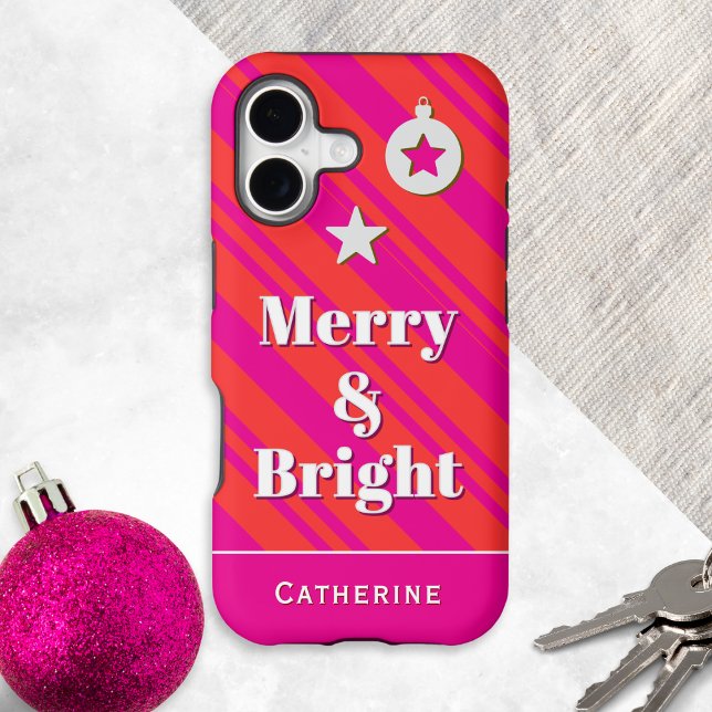 Merry and Bright Red Pink Candy Stripe Custom (A hot pink and red candy stripe phone cover with personalized name)