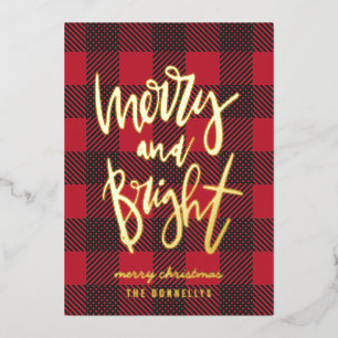 merry and bright red plaid foil script christmas  foil holiday card