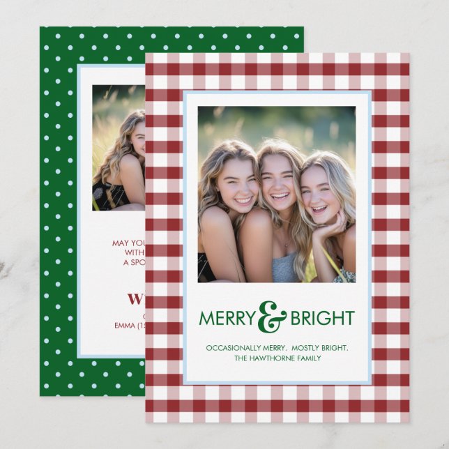 Merry and Bright Red Plaid Funny Holiday Card (Front/Back)