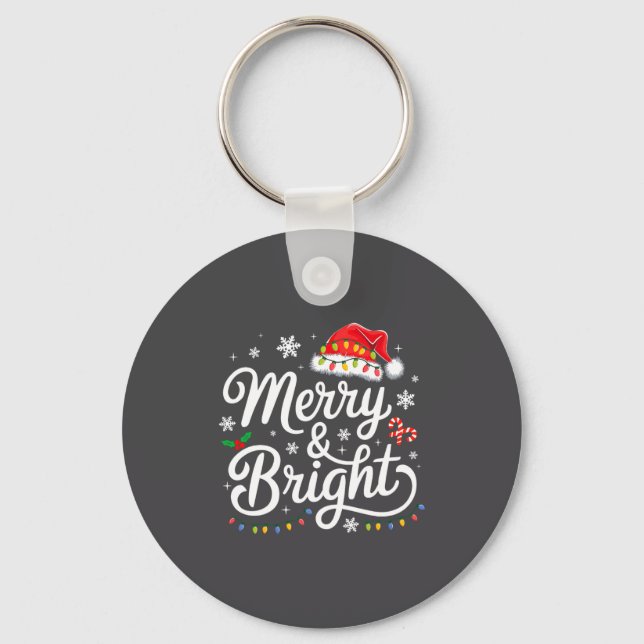 Merry And Bright Red Santa Hat Xmas Lights Holiday Key Ring (Front)