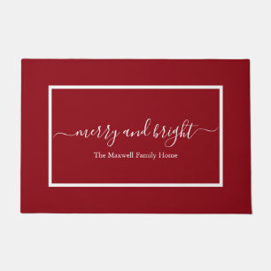 Merry and bright red script family name doormat