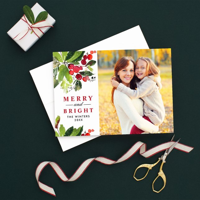 Merry and Bright Red Watercolor Greenery Photo Holiday Card (Creator Uploaded)