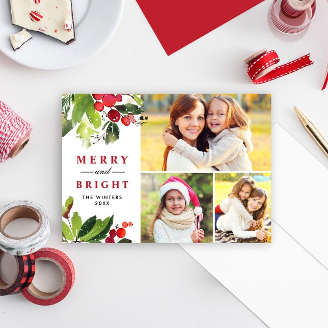 Merry and Bright Red Watercolor Greenery Photo Holiday Card (Creator Uploaded)