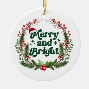 Merry and Bright Red White Green Cute Christmas Ceramic Tree Decoration