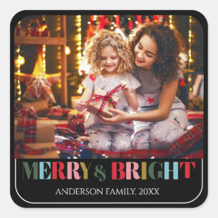 Merry and Bright Retro Black Family Photo Ceramic Square Sticker