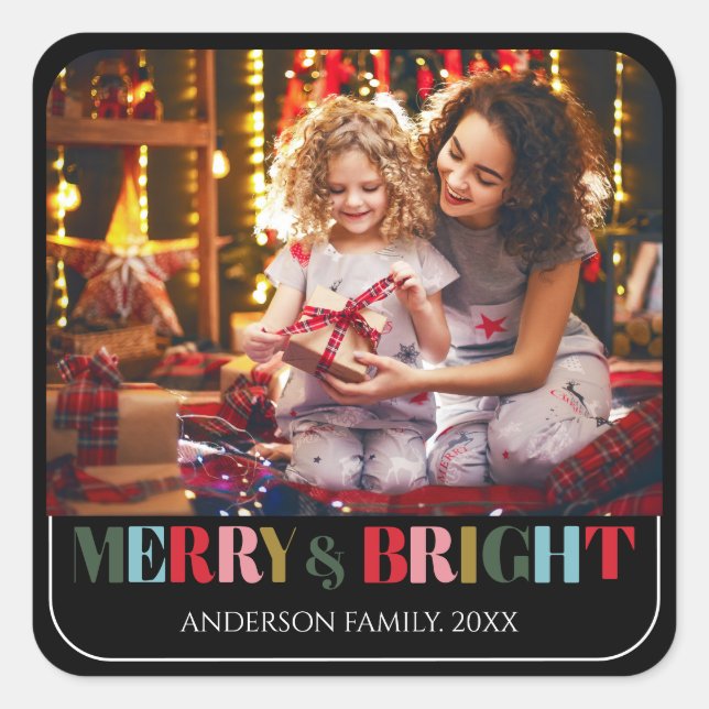 Merry and Bright Retro Black Family Photo Ceramic Square Sticker (Front)