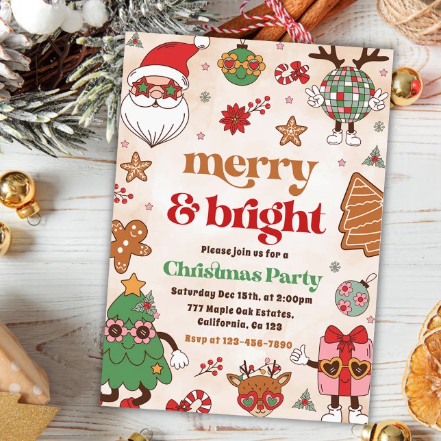 Merry And Bright Retro Christmas Holiday Party Invitation (Creator Uploaded)