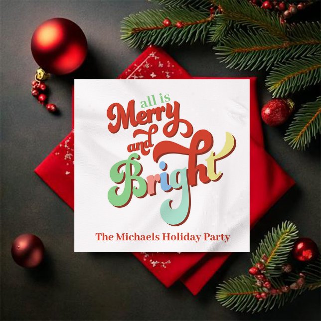 Merry and Bright Retro Christmas Napkin (Merry and Bright Custom Party Cocktail Napkins)