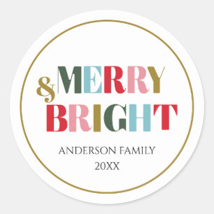 Merry and Bright Retro Colourful Family Ceramic  Classic Round Sticker